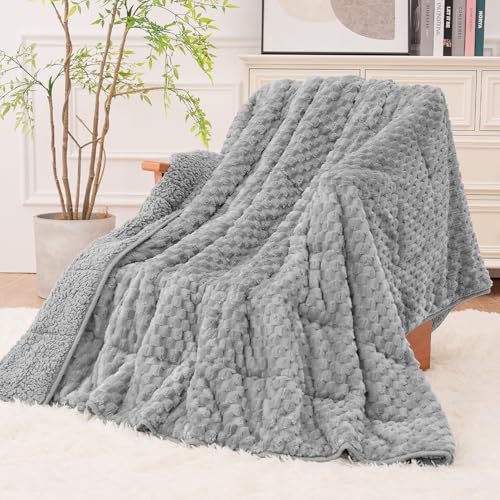 Image of Super Fuzzy Soft Fleece Sherpa Weighted Blanket 15 lbs for Adults, 3D Imitation Turtle Shell Luxury Weighted Throw for Better Sleep, Dual Sided Cozy Heavy Blankets for Couch Bed, Grey, 48 inch x 72 inch