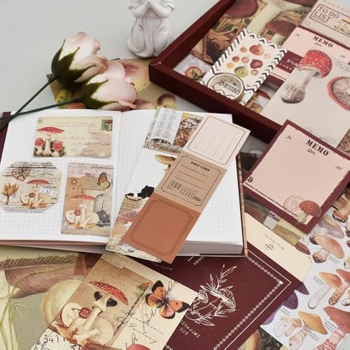 Image of yifely Paper Vintage Aesthetic Scrapbook Kit Scrapbooking Supplies Kit with Bullet Junk Journal,Stationery,A6 Grid Notebook with Graph Ruled Page DIY Journaling Gift for (Mushroom)