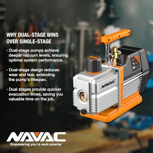 NAVAC HVAC Vacuum Pump - Reliable Dual-Stage AC Motor Pump with Lightweight Design for Residential & Commercial Use - Ideal for Evacuation of HVAC Equipment - 15 Microns - Pro Series - 7 CFM Flow Rate