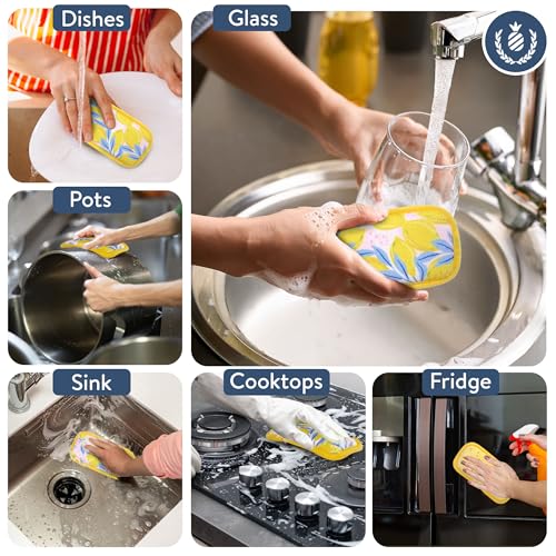Image of Simplified 5-Pack Scrub & Wipe 2-in-1 Dishwashing Sponges - Non-Abrasive Cleaning Sponges, Double-Sided - Safe for Dishes, Non-Stick Pans or Glassware, Absorbent Dish Sponges, Yellow Leaves