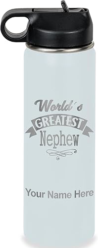 Miniatura 30 de LaserGram Botella de agua con tapa abatible de doble pared de 20 onzas con popote, sobrino más grande del mundo, grabado personalizado incluido