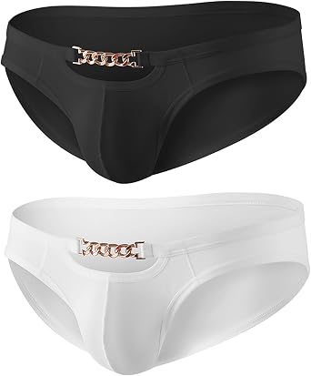 Sexy Mens Briefs Low Rise with Metal Chain Bikini, Comfortable Slim Fit Triangle Underwear for Men 2Pack