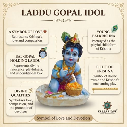 Image of Baby Krishna Idol for Home Temple & Pooja Room | Laddu Gopal Murti, Bal Gopal Makhan Chor Statue, Marble Dust Krishna Showpiece for Mandir Decor, Janmashtami Gift, Car Dashboard Decoration (4 Inch)