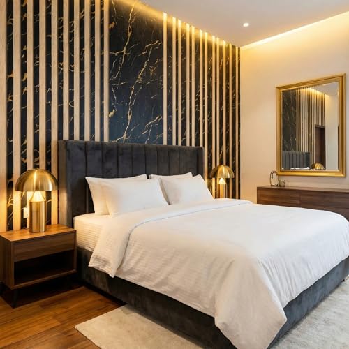Image of 3D Black & Gold Marble Striped Wallpaper Roll - 45x500 cm Wood Texture Vertical Line Design PVC Waterproof Peel & Stick Wall Sticker for Home, Living Room, Office, TV Background - Self Adhesive