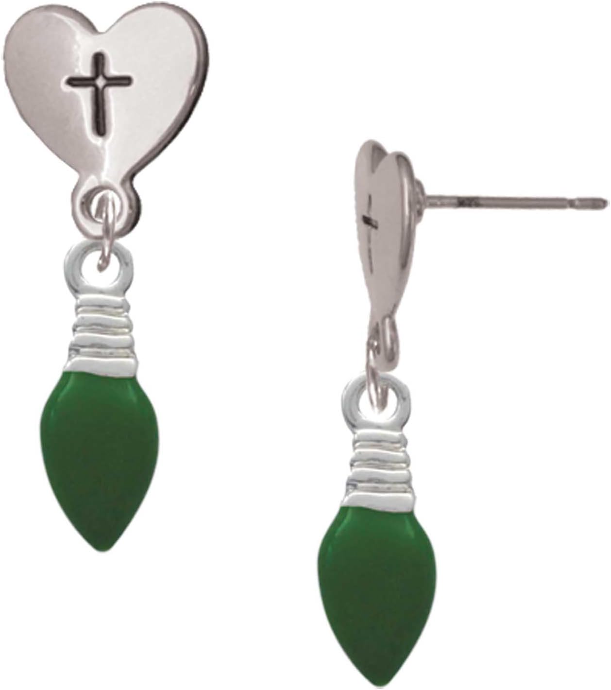 Delight Jewelry Silvertone Enamel Christmas Light Cross in Heart Post Dangle Earrings