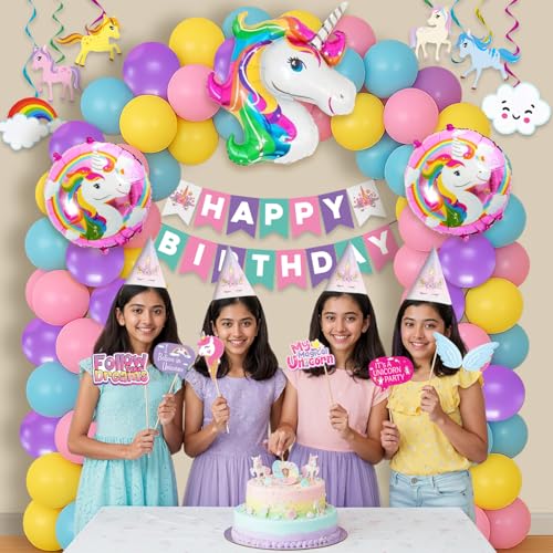 Image of Party Propz Unicorn Theme Birthday Decoration Kit For Girls -127 Pcs, Unicorn Balloons, Banner, Swirls, Caps & Photo Props, Pink Theme Decoration For Birthday Girls