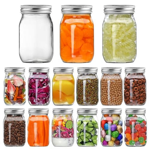 YINGERHUAN Glass Regular Mouth Mason Jars, 16 oz Clear Glass Jars with Silver Metal Lids for Sealing, Canning Jars for Food Storage, Overnight Oats, Dry Food, Snacks, Candies, DIY Projects (15PACK)