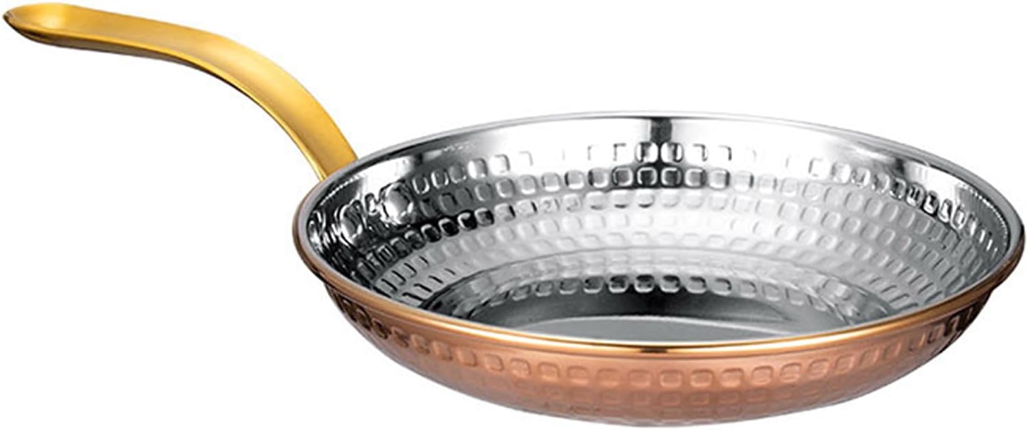 Stainless Steel Hammered Paella Pan Skillet with Gold Handle - 6 Sizes Frying Pan Round Serving Tray Dish Platter Steak Lobster Plate Cookware for Wedding, Birthday, Party (22CM,Gold)