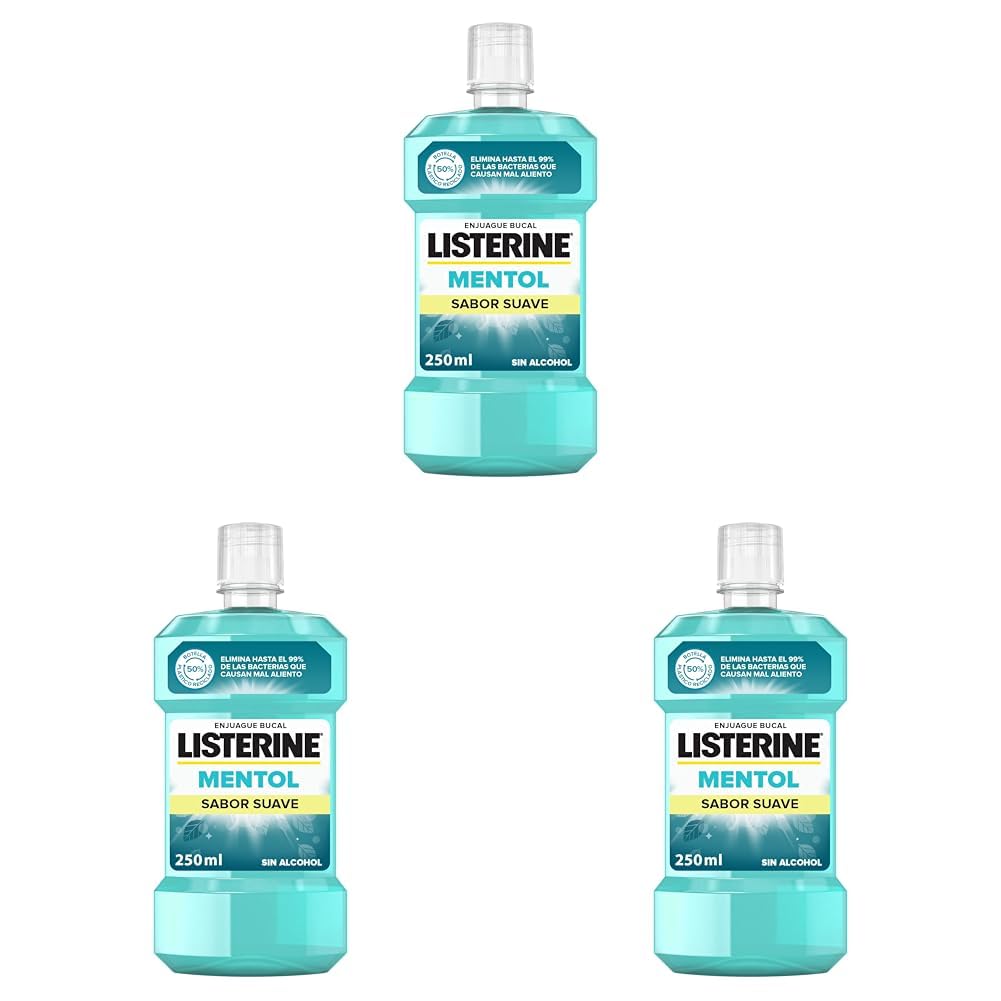 Listerine Mentol (1 x 250 ml), enjuague bucal con flúor, colutorio bucal con 24 horas de protección, elixir bucal mentolado para un aliento fresco duradero (Paquete de 3) con descuento