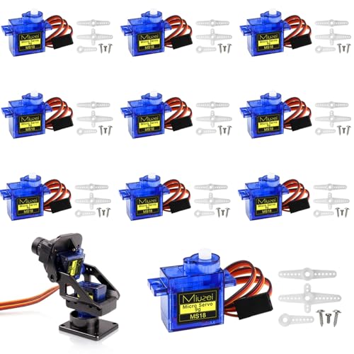 Miuzei 10Pcs 9G Micro Digital Servo, Metal Geared Mini Servo Motor with Cable for RC Robot Arm, Helicopter, Car & Boat Control, Compatible with Arduino Projects