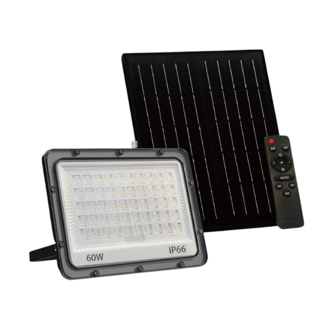 Faro LED da esterno con pannello Solare 60W IP66 con Telecomando Luce Regolabile fredda calda naturale 3000K/4000K/6500K Sensore Crepuscolare (60W)