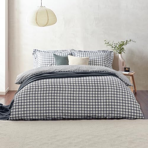 Yard Barton Cuadro Vichy Juego De Funda Nórdica – 100% Algodón Reversible Fundas De Almohada Oxford Suave Y Transpirable Ropa De Cama Premium (Azul Marino – Super King – 260x220cm)