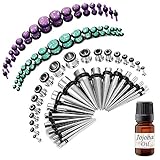 BodyJ4You 73PC Gauges Kit Ear Stretching Aftercare Oil Wax 14G-00G Blue Purple Acrylic Plug Steel...