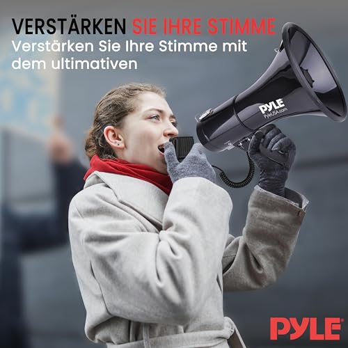 Pyle Megaphon mit Sirene, Signalhorn – Siren Megaphone – Signalhorn, Megafon Erwachsene 50 Watt, Faltbare Megaphone mit Sirene & Mikrofon, Lautstärke Einstellbar & Batteriebetrieben, Reichweite: 1100m