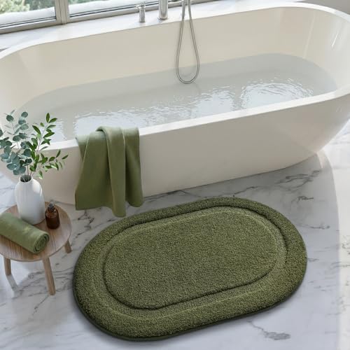 Image of Color&Geometry Oval Green Bathroom Rugs 32x20, Extra Soft Absorbent Microfiber Bath Rugs, Non-Slip Bathroom mat, Washable Plush Bath Mats for Bathroom, Shower, Bathtub, Laundry, Green