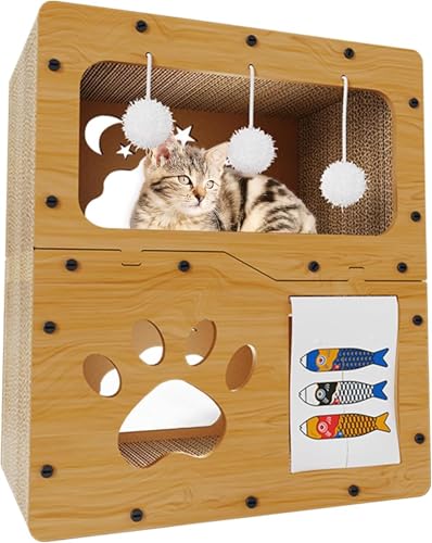猫 爪とぎ 段ボール キャットハウス 三階猫 ハウス 木製 強化ダンボール 爪磨き 爪とぎハウス 猫 爪研ぎ 組み立て式 爪とぎ兼ベッド 猫箱 猫 ダンボールハウス 猫窓 鯉柄のれん コンパクト 収納簡単 省スペース 通気性 2部屋