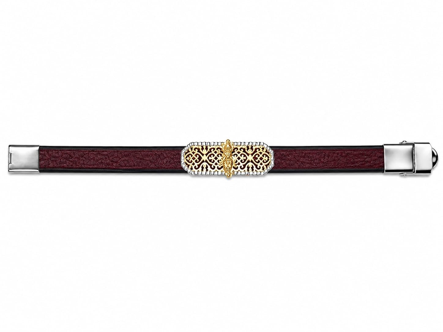 Men's Leather Bracelet with Filigree Gold-Tone Metal Charm 999 PURE SILVER BELT-image-14