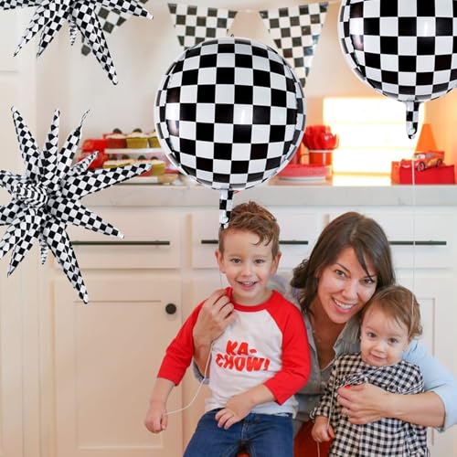 Image of TONIFUL 8Pcs 22Inch Black Checkered Large 4D Giant Round and Star Balloons Explosion Star Mylar Balloons Set for Christmas New Year Birthday Wedding Bridal Shower Anniversary Photo Booth Supplies