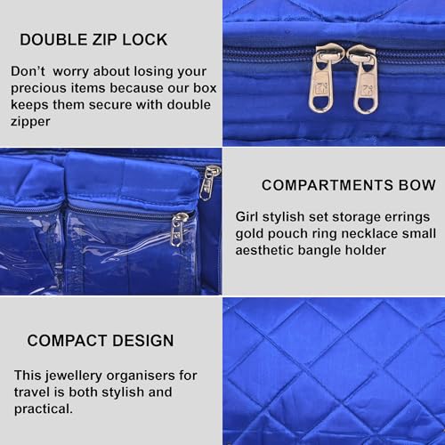 Image of Kuber Industries Parachute Jewellery Pouches for Storage Necklace & Bangles with 4 Transparent Pouches | Jewellery Kit /Bag /Organiser for Women | Quilted Print - Blue