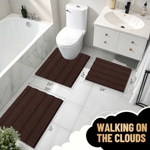 Image of OLANLY Thick Bathroom Runner Rugs 47x17, Extra Absorbent Chenille Striped Bath Rugs, Rubber Backing, Machine Wash Dry, Long Bath Mats for Bathroom Floor, Tub and Shower, Home Decor Accessories, Brown