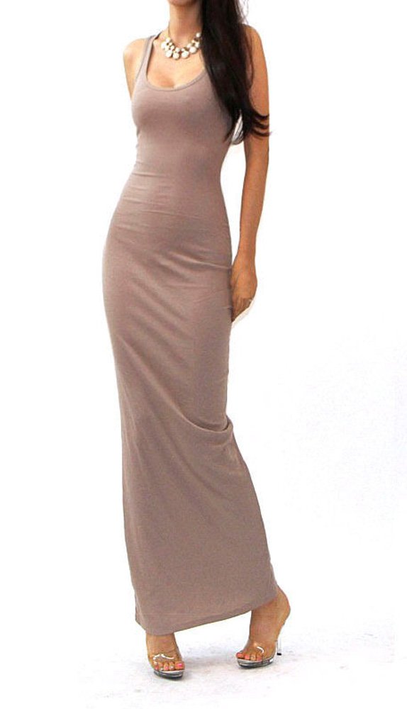 Vivicastle Solid Tank Scoop Neck Ribbed Maxi Summer Dress (Large, Khaki)