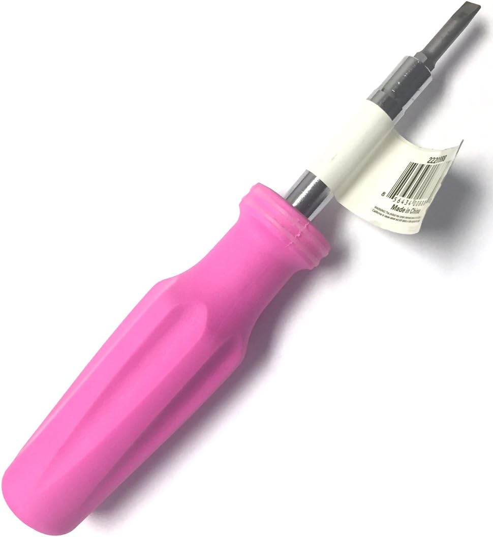 Gadgets Collection 7 6-in-1 Women's Reversible Flathead & Phillips Screwdriver 1/4 & 5/16 Nut Driver Phillips PH1 & PH2 Flathead Slotted 3/16 & 1/4 with Pink Soft Grip Handle