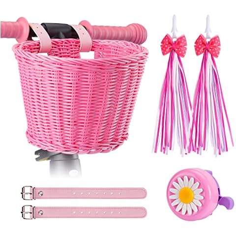 JIUAI Kids Bike Basket Set, Girl Bike Basket Pink Handwoven, Bike Baskets for Kids, Children Cycling Basket with Spare Leather Straps, Bowknot Streamers and Bell Easy Install Detachable Cover