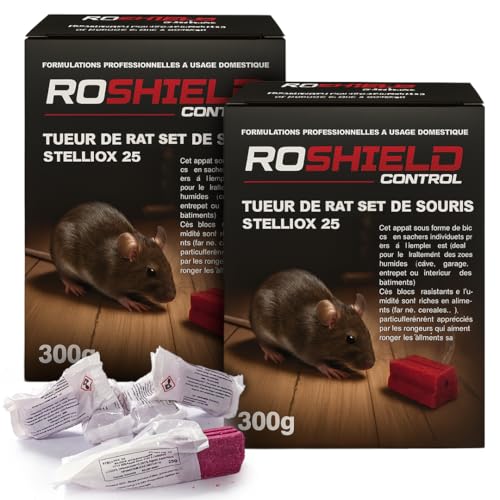 Roshield Anti Rats & Souris 600g Forte Infestation Habitation et Cuisine Efficace dès la 1ère Ingestion Idéal pour Lieux Secs & Humides (600g, 24x25g)