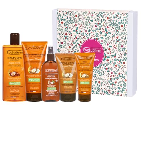 EVOLUDERM – Coffret - Argan Divin - Avant Shampoing + Shampoing Nourrissant + Après-Shampoing Démêlant + Soin Longueurs & Pointes + Masque 150 ml - Fabrication Frnaçaise