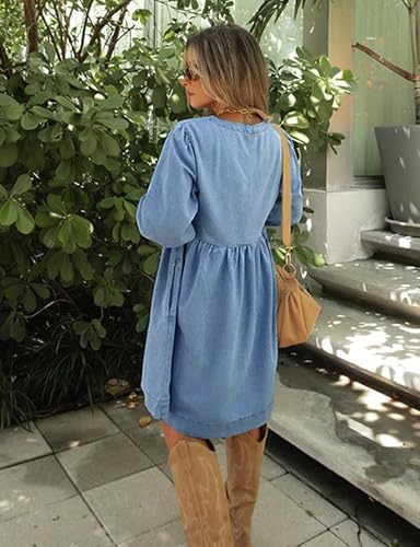 Skirt BL Denim Dress for Women Square Neck Jean Dress 3/4 Sleeve Babydoll Tiered Summer Dresses with Pockets 20254