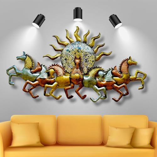 Image of pranjals house Metal Handpainted Rustic Iron Wall Hanging of 7 Horse LED Lights Art Sculpture for Home Office Wall Decor /Wall Hanging (46 x 27 Inches)