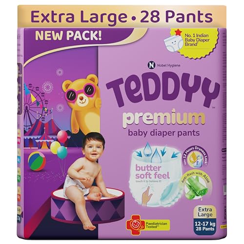 Image of Teddyy Premium Baby Diaper XL size, Pant Style | Extra Large (12-17 kg), 28 Pants | Butter Soft Feel, Anti-Rash with Aloe Vera, 12 Hours Dryness Lock