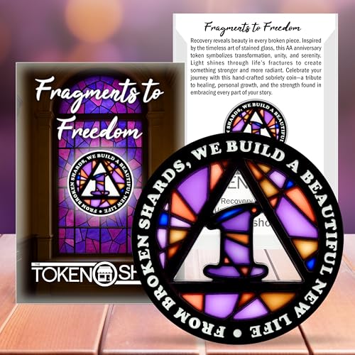 Image of Stained Glass 1 Year AA Chip Sobriety Coin Medallion, Fragments to Freedom Alcoholics Anonymous Addiction Recovery Anniversary Token, Inspirational Sober Gifts for Men and Women by the Token Shop