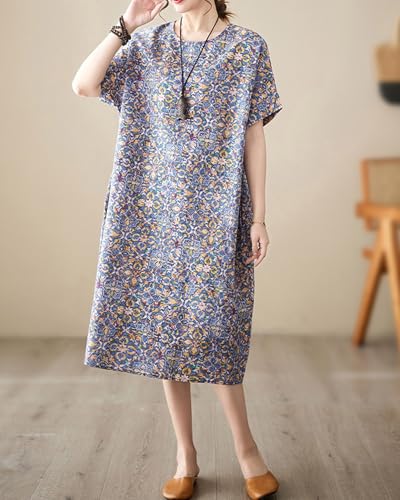 Image of LUZU JUNU Women's Summer Baggy Plus Size Loose Cotton Linen Long Boho Beach Dress with Pockets