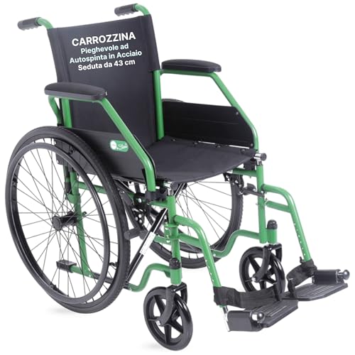 REMEDIA ONE - Carrozzina Pieghevole ad Autospinta in Acciaio Verde - Sedia a Rotelle per Anziani e Disabili Leggera e Compatta