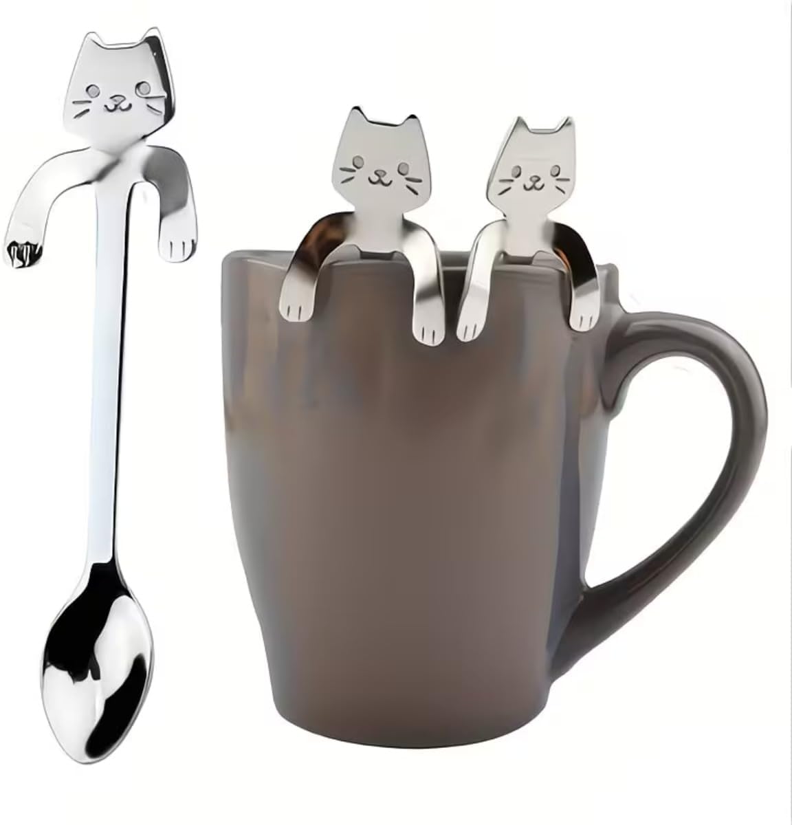Cute Cat Hanging Cup Coffee Spoon, Stainless Steel Cartoon Kitten Stirring Spoon, Funny Hanging Mug Teaspoon for Milk Tea, Dessert, Latte