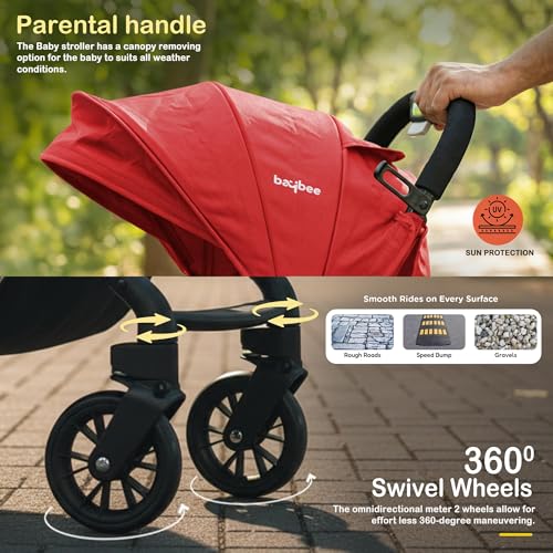 Image of Baybee Foldable Baby Stroller Pram for Baby Boy Girl 0 to 3 Years with Metal Frame, 3-Position Adjustable Seat & Canopy, Bassinet, Parent Handle, 5 Point Safety Belt, Stroller for Kids Toddler (Red)