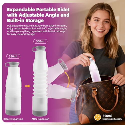 Image of Hibbent Portable Bidet for Travel, High Pressure Electric Handheld Bidet Sprayer, 350-550ML Expandable Bottle for Personal Hygiene, USB-C Rechargeable Waterproof, Travel Sprayer for Women & Men, Pink