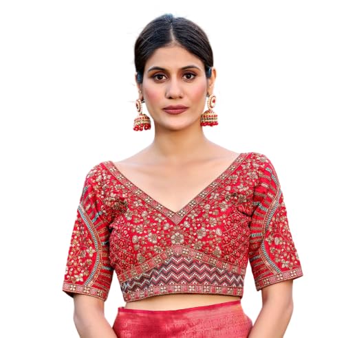 Image of Pujia Mills Mills Women's Fancy Readymade Heavy Coding Embroidary Worked Half Sleeve Multicolor Saree Blouse(Mushroom)