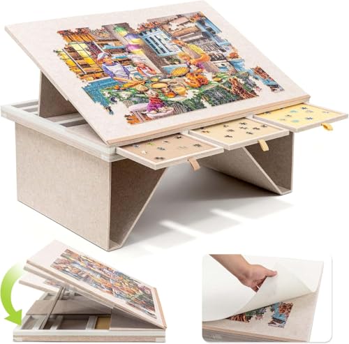 SLEEPHEADFelt Jigsaw Puzzle Table with 3-Tilting-Angle Puzzle Board for Adults with Foldable Legs Super Lightweight Portable Tables with 4 Drawers & Cover for 1500 Piece Puzzles