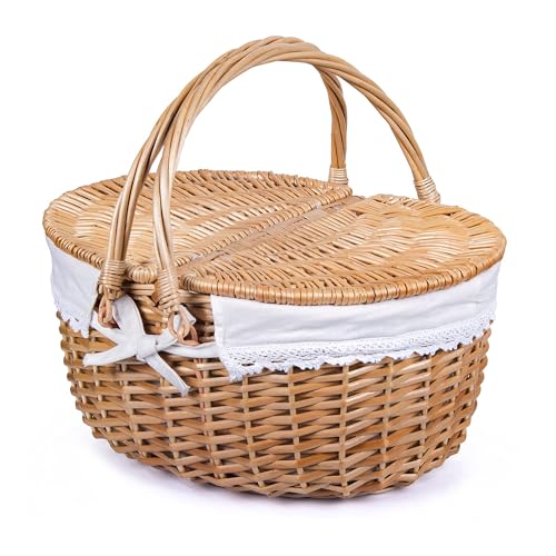 Cesta de picnic de mimbre con tapa y asas para niños, cuerpo tejido resistente con forro lavable, pequeña