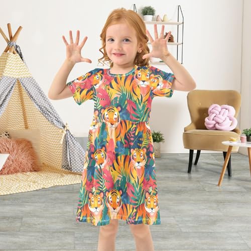 ALAZA Colorful Tiger Toddler Girls Dress Short Sleeve A-line Dress 2-8 Years4