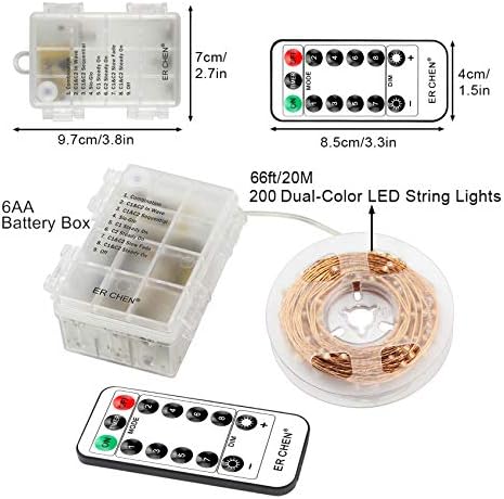 ErChen Battery Operated Dual-Color Led String Lights, 66FT 200 LEDs Color Changing Dimmable 8 Modes Copper Wire Fairy Lights with Remote Timer for Indoor Outdoor Patio (Warm White, Green)