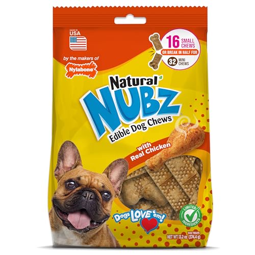 Nylabone Nubz Natural Dog Chew Treats for Small Dogs, Long Lasting Dog Chew Bones Made in the USA, Chicken Flavor Breath Freshener Dental Chews, Small Dog Bones for Dogs Up to 25 lbs. (16 Count)