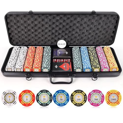 Versa Games Poker Chips - Clay Poker Chips Set - 13.5g 500 Piece Crown Casino Poker Set with Numbers Denomination - Upgraded Poker Set Case