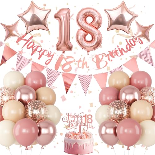 Image of Jobkoo 18th Birthday Decorations for Girls, Retro Pink Nude Number 18 Balloon Set Happy 18th Birthday Banner Cake Topper Dusty Pink Beige Rosegold Star Balloons for Boho 18 Year Old Bday Party Decor