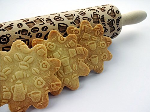 COFFEE STYLE Embossing Rolling Pin. Laser Engraved Wooden Rolling Pin for Baking with Coffee Beans Latte Pattern. Dough Roller for Homemade Cookies by Algis Crafts - Image 4