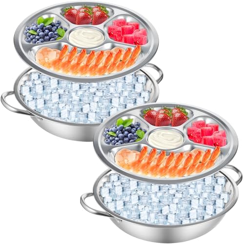 2 Set Shrimp Cocktail Serving Dish 11 Inch Stainless Steel Dip Chiller Serving Bowl, 2 5-Section Chilled Food Trays 2 Round Plate with Handle for Dinner Buffet Seafood Oysters Crawfish Veggie Fruit