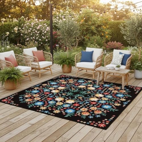 Vintage Colorful Floral Texture Boho Outdoor Area Rug 4x4 for