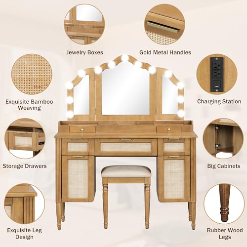 Image of JIVOIT 44.37 inch Makeup Vanity Desk with Tri-Fold Mirror, Large Vanity Table with 5 Drawers and Shelves and 2 Cabinets, Dressing Table, Easy Assembly